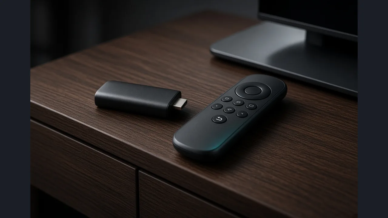 TV Stick und Fernbedienung auf dem Sideboard