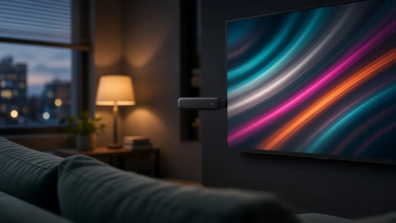 Wohnzimmer mit Fernseher und Streaming-Setup